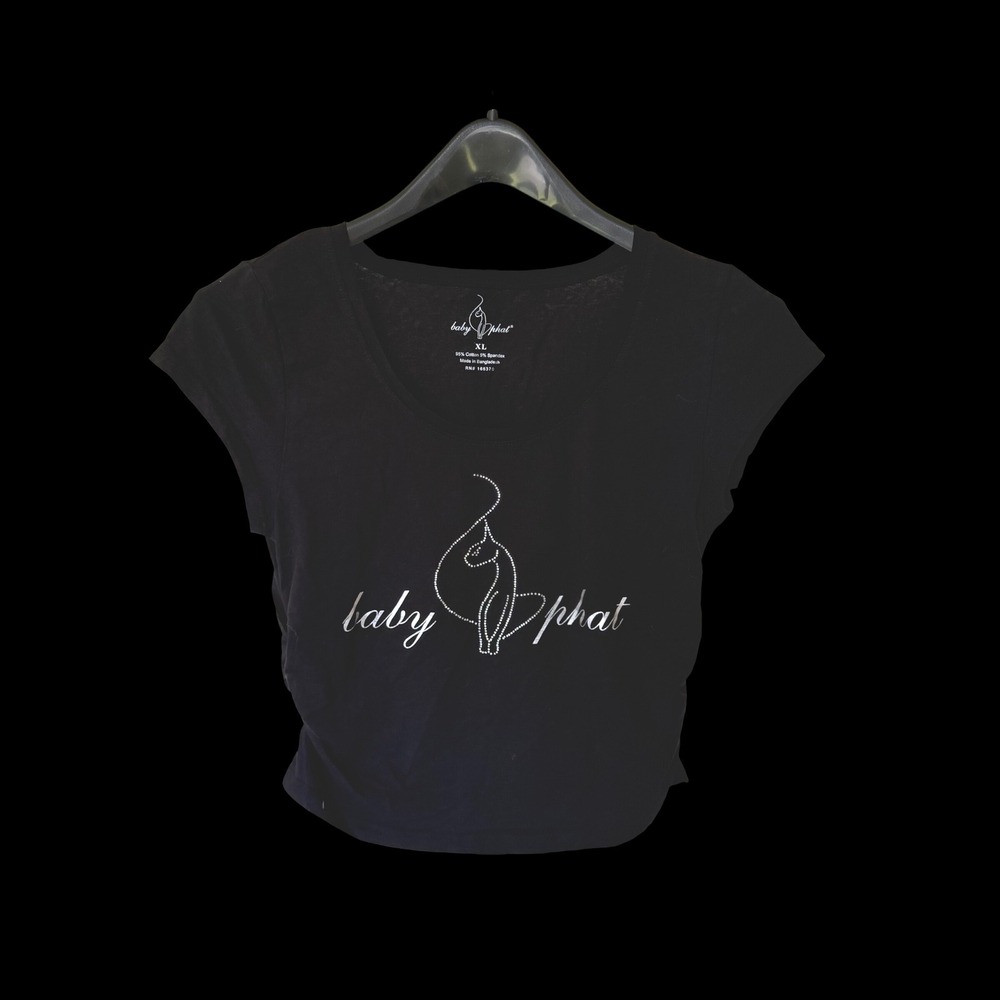 Baby Phat Black Rhinestone Cat Logo Ruched Crop Top Baby Tee XL